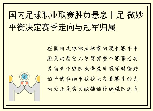 国内足球职业联赛胜负悬念十足 微妙平衡决定赛季走向与冠军归属