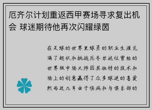 厄齐尔计划重返西甲赛场寻求复出机会 球迷期待他再次闪耀绿茵