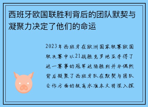 西班牙欧国联胜利背后的团队默契与凝聚力决定了他们的命运